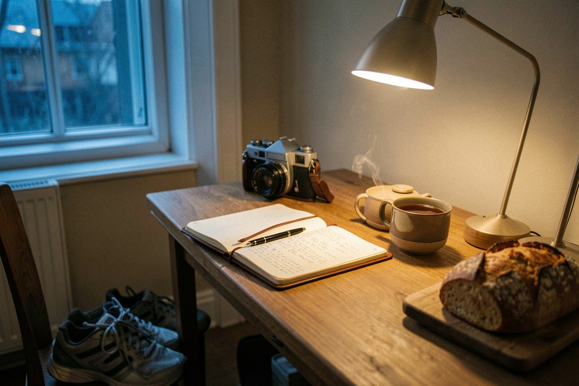 A quiet desk before dawn: an open notebook and fountain pen, a vintage film camera, a cup of tea, a sourdough loaf, and running shoes by the chair, lit by a warm desk lamp.